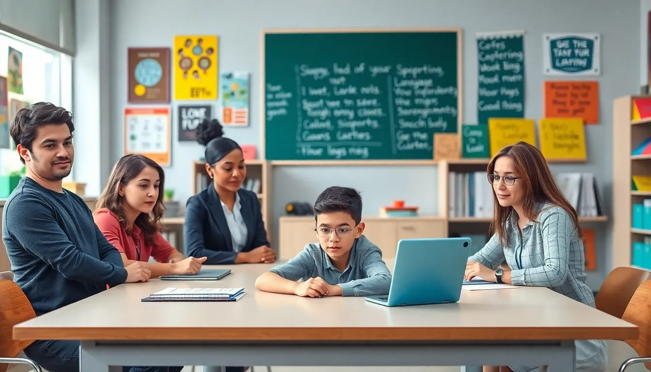 educators helping a student with language learning disabilities in a modern classroom.
