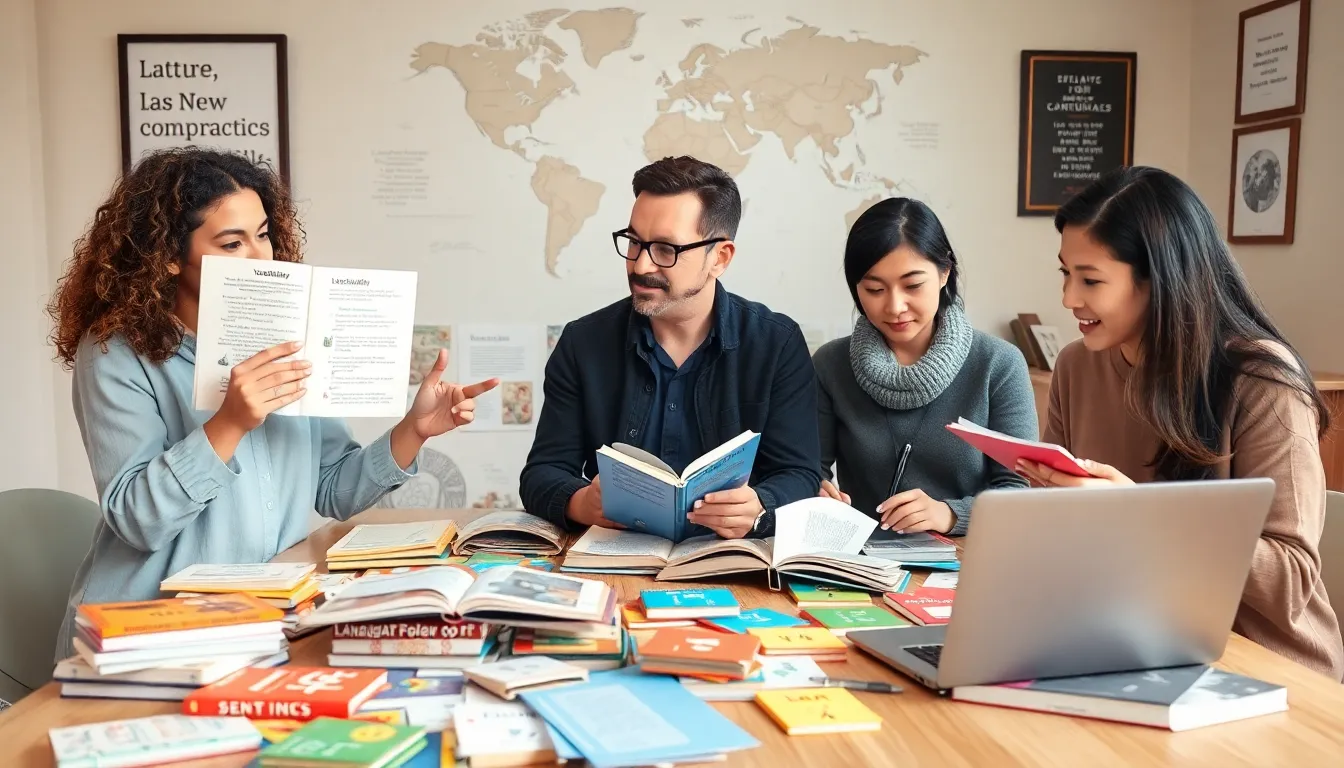 group discussing language learning books in a modern study.