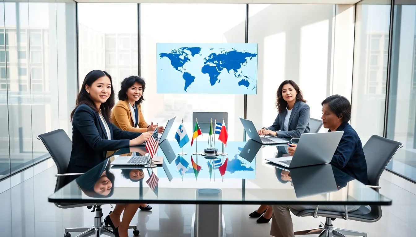 professionals discussing global affairs in a modern conference room.