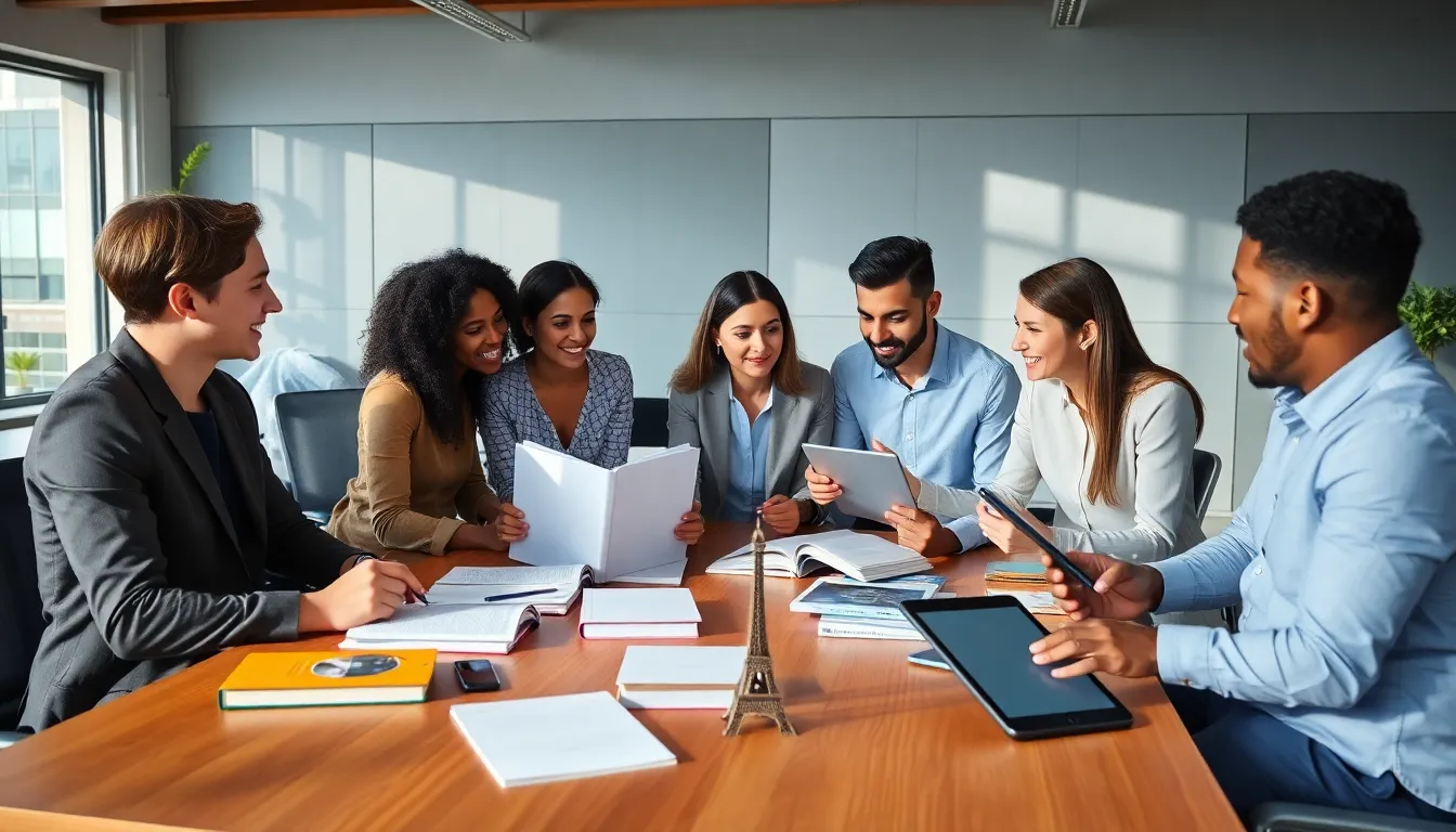 diverse professionals collaborating on French language learning resources.