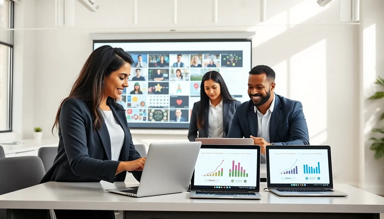 diverse team collaborating in a modern classroom on language learning technology.