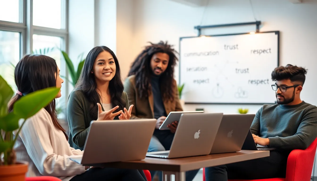 young adults discussing relationship advice in a modern workspace.