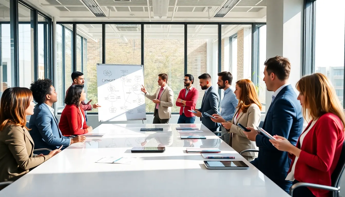 diverse professionals in a modern office discussing language learning benefits.