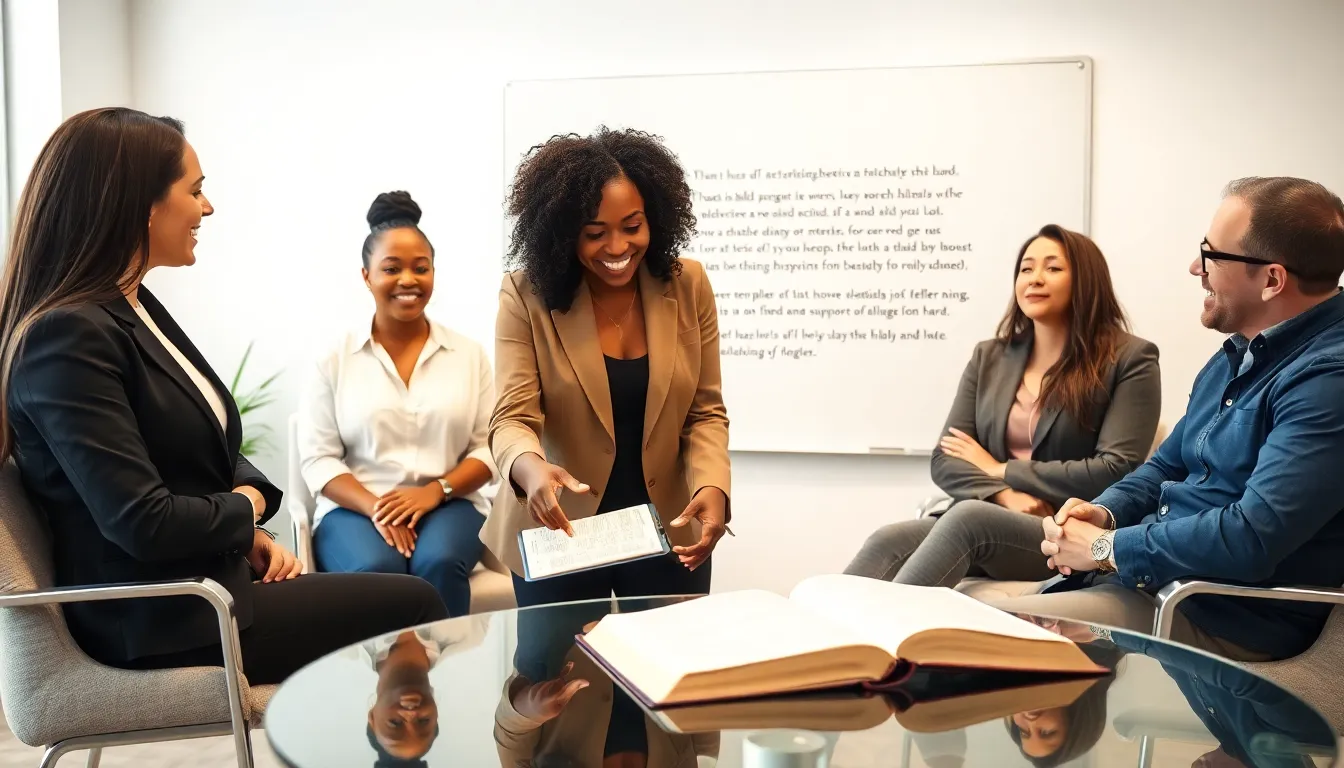 diverse group discussing biblical relationship advice in a modern office.
