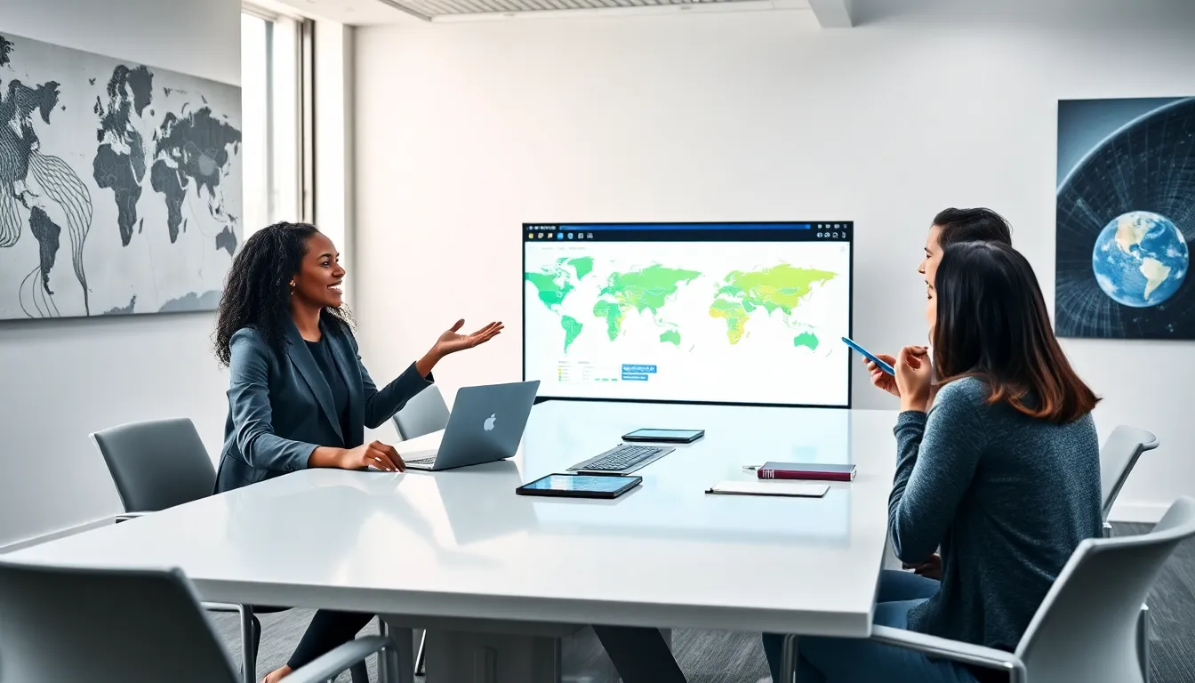 students discussing global affairs in a modern classroom setting.